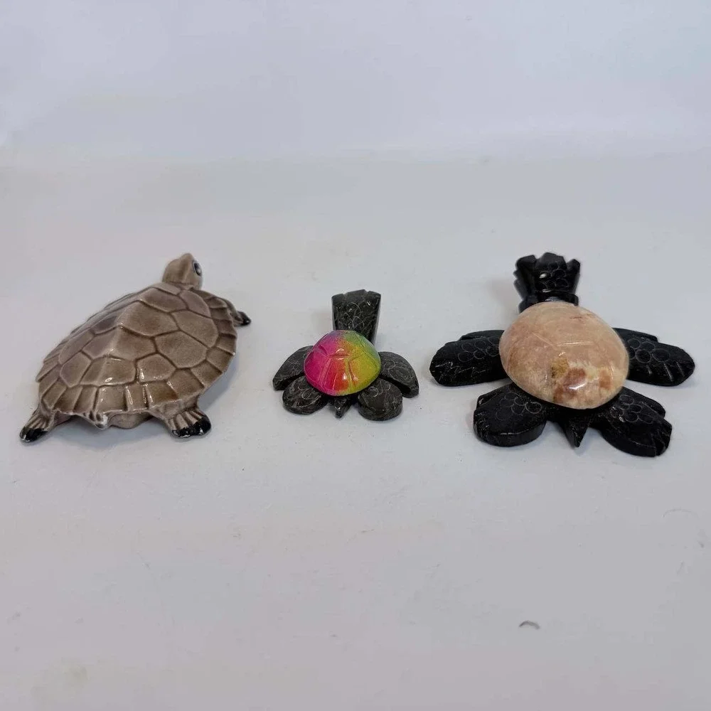 Set of 3 Turtle Figurines Ceramic and Hand Carved Stone Ecuador Rainbow Shell